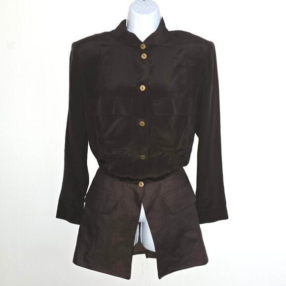Vintage 1980's Claude Montana Blazer Blouse Brown Silk Raw Silk Button Front  8 - Picture 1 of 13